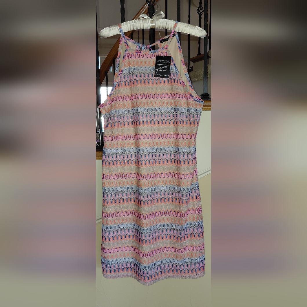 Nwt Boston Proper Multicolor Zigzag Shimmer Dress Fully Lined, Comfortable Sz Lg